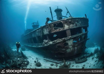 A diver exploring a shipwreck on the ocean floor. The ship should be rusted and covered in barnacles. Generative AI.