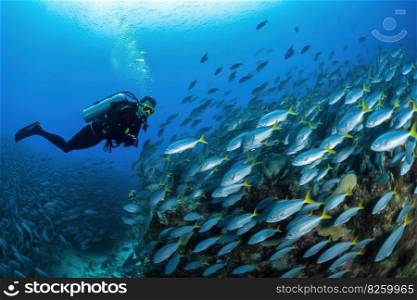 A diver swimming with a school of fish in a coral reef. Generative AI.