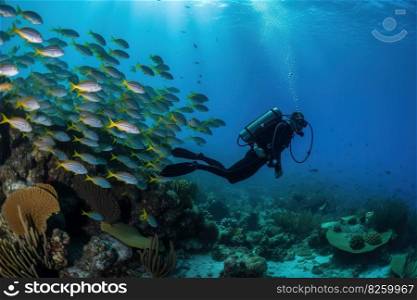 A diver swimming with a school of fish in a coral reef. Generative AI.