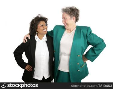 A diverse female business team celebrating their success. Isolated on white.
