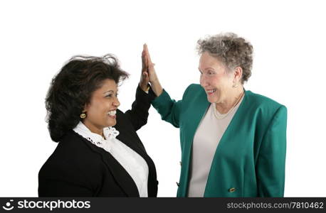 A diverse female business team giving eachother high-fives. Isolated on white.