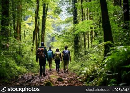 A diverse group of people hiking in a lush forest showcasing unity and nature