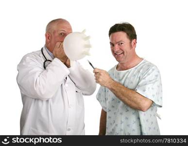 A doctor blowing up a rubber glove and a patient ready to pop it.