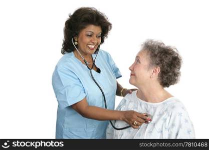 A doctor or nurse checking a patients vital signs. Isolated on white.