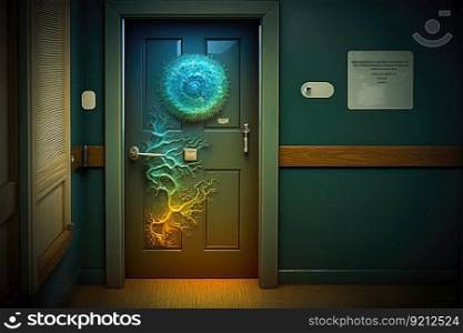 a doctor&rsquo;s office, with the door handle covered in bacteria to show risk, created with generative ai. a doctor&rsquo;s office, with the door handle covered in bacteria to show risk