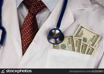 a doctor with a stethoscope and dollar bills