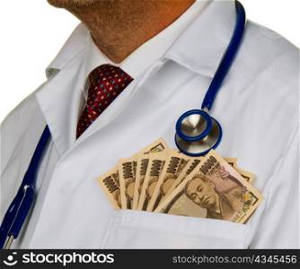a doctor with japanese yen bank notes
