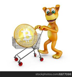A dog with a cart in which is a bitcoin coin. 3d rendering.