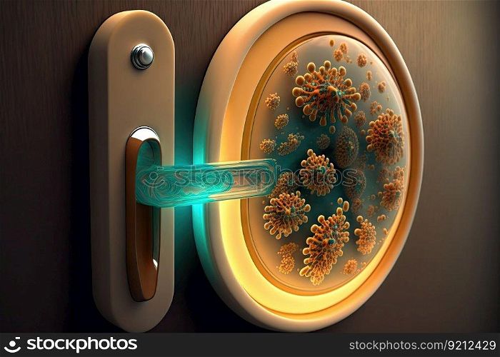 a door handle, with a colony of bacteria in full view, created with generative ai. a door handle, with a colony of bacteria in full view