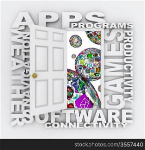 A door opens to reveal many words of apps - spheres made up of application icons and tiles for downloading to a smart phone, tablet computer or other mobile device