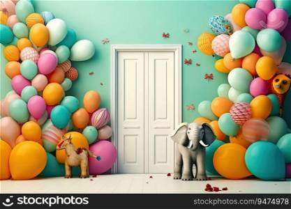 A Door with a bunch of balloons on it and a pink door, Generative AI
