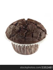 A double chocolate muffin isolated on a white background
