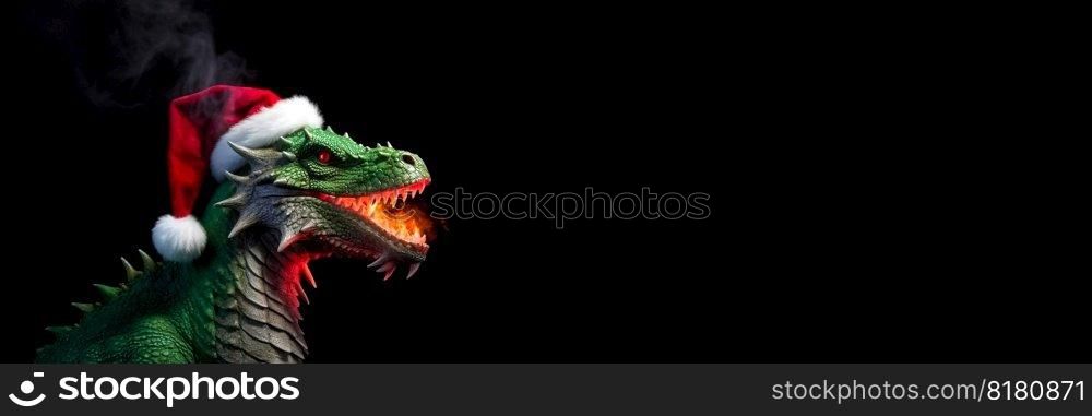 A dragon in a red Santa Claus hat. Year of the Dragon. Dragon isolated on black background. Long Banner with free space. A dragon in a red Santa Claus hat. Year of the Dragon. Dragon isolated on black background. Long Banner with free space.