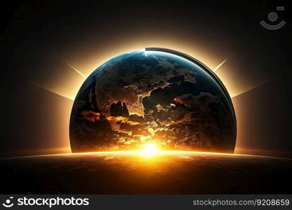 a dramatic sunrise over a globe, with rays of light illuminating the continents., created with generative ai. a dramatic sunrise over a globe, with rays of light illuminating the continents.