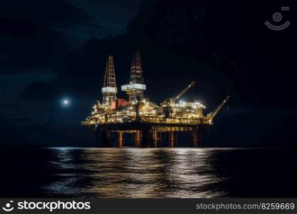 A drilling platform at night. Drilling platform lit up by artificial lights. Industrial and technological advancements that make offshore drilling possible even in the dark. Generative AI