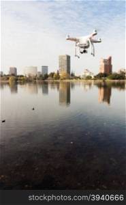 A Drone Quadcopter Hoovers over Lake Merritt Oakland California