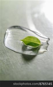 A drop of transparent cosmetic gel with a green leaf on a green background. It is ideal for demonstrating the consistency of your gel or serum and will emphasize its naturalness.. The gel drop with a green leaf on a green background.