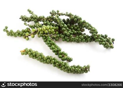A drupe of green peppercorns from the vine, over white with a light shadow. These are the peppers from which black pepper is made and they are also used green in some asian cookery