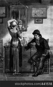 A Dutch interior. It relates to his sister a pair of earrings, vintage engraved illustration. Journal des Voyage, Travel Journal, (1880-81).