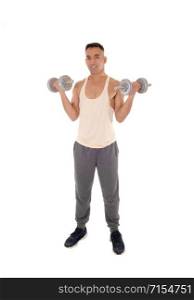 A east Indian man working out with two dumbbells in his track pants, isolated for white background