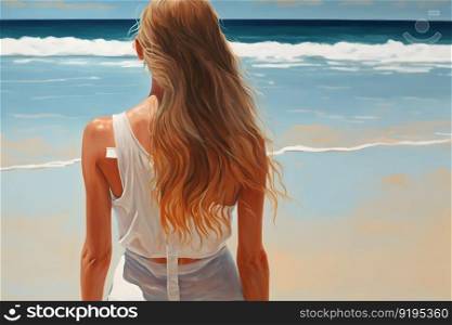 A elegant tourist woman in white summer dress walks on a tropical beach. Neural network AI generated art. A elegant tourist woman in white summer dress walks on a tropical beach. Neural network generated art