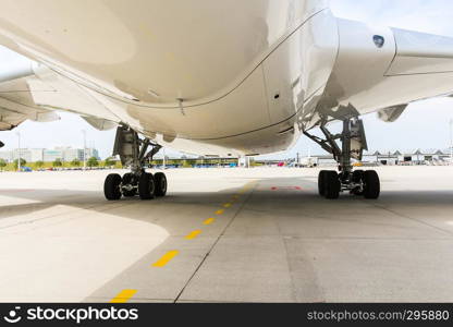 A Engine of modern passenger jet airplane. Rotating fan and turbine blades.