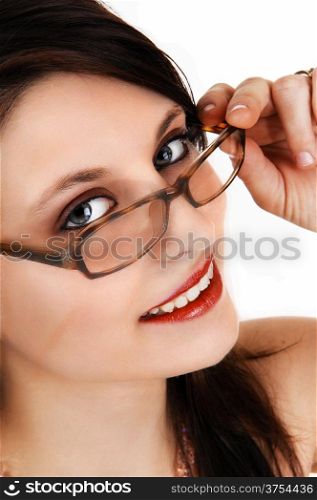 A extreme closeup pictures of the face of a beautiful young woman, holdingher glasses, isolated for white background.