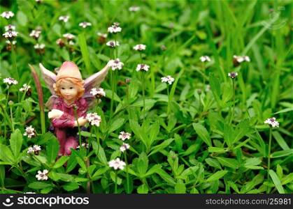 A fairy sitting in a field of small white flowers