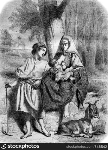 A Family in Bethlehem, vintage engraved illustration. Magasin Pittoresque 1861.