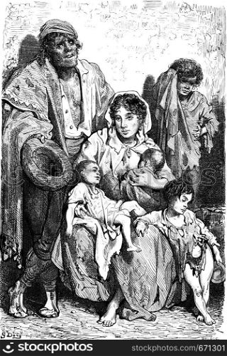 A family of beggars in Jaen, vintage engraved illustration. Le Tour du Monde, Travel Journal, (1865).