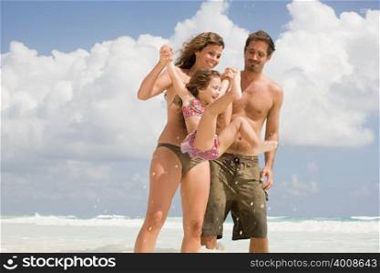 A family playing in the sea