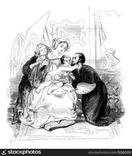 A family scene, vintage engraved illustration. Magasin Pittoresque 1842.