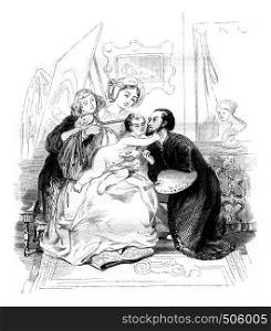 A family scene, vintage engraved illustration. Magasin Pittoresque 1842.