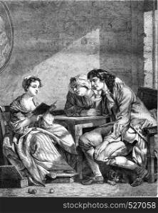 A family scene, vintage engraved illustration. Magasin Pittoresque 1847.