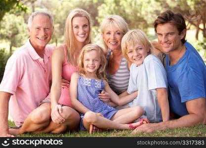 A family, with parents, children and grandparents, relaxing in a park