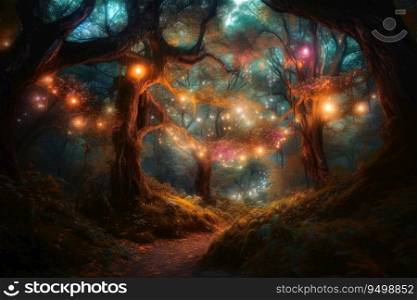 A fantasy forest with glowing lights and sparkling trees created with generative AI technology