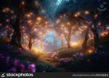 A fantasy forest with glowing lights and sparkling trees created with generative AI technology
