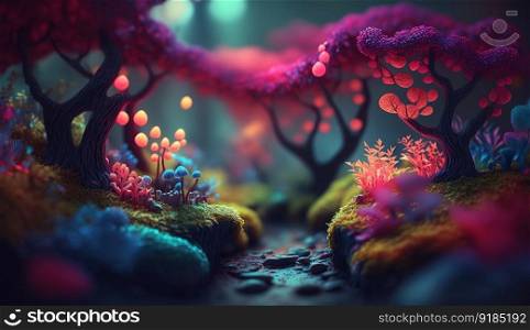 A Fantasy Forest with Glowing Trees and Luminescent Flowers. Generative ai