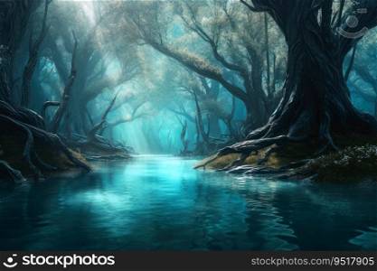 A fantasy forest with trees and water created with generative AI technology