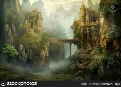 A fantasy landscape with old buildings created with generative AI technology created with generative AI technology