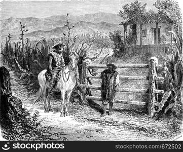 A farm in cold land, vintage engraved illustration. Le Tour du Monde, Travel Journal, (1872).