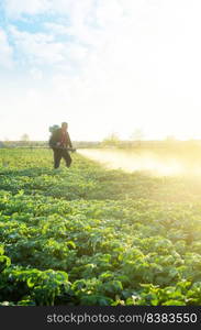 A farmer sprays a potato plantation with pesticides. Protecting against insect plants and fungal infections. The use of chemicals in agriculture. Agriculture and agribusiness, agricultural industry.