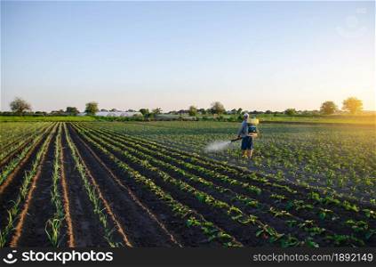 A farmer sprays pesticide on the plantation. Resistance of the crop to pests. Chemical industry in farming agriculture. Protection of cultivated plants from insects and fungal infections.