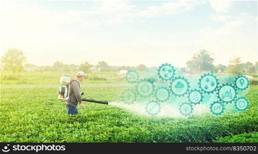 A farmer with a mist blower on potato plantation and technological innovation gears hologram. Using science and technology in agriculture to improve the efficiency and productivity of food production.