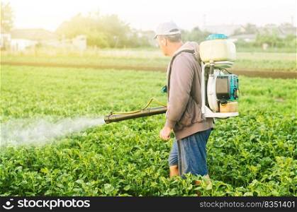A farmer with a mist sprayer treats the potato plantation from pests and fungus infection. Use chemicals in agriculture. Agriculture and agribusiness. Harvest processing. Protection and care