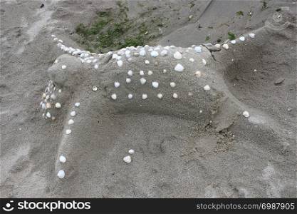 A fashion profiled seal is made of sand on the beach. Ein aus Sand modelierter Seehund liegt am Strand