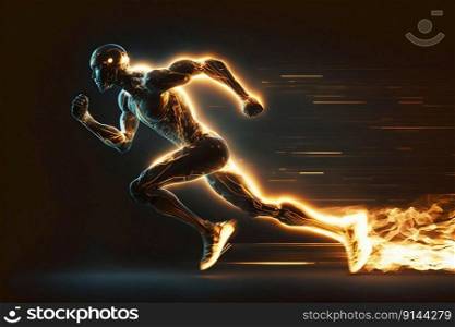 A fast running runner leaves behind a speed light. Generative AI. High quality illustration. A fast running runner leaves behind a speed light. Generative AI