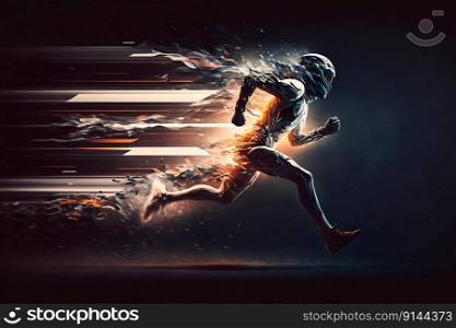 A fast running runner leaves behind a speed light. Generative AI. High quality illustration. A fast running runner leaves behind a speed light. Generative AI
