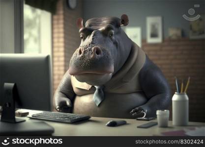 A fat hippopotamus is sitting at the office table in front of a computer. Sedentary lifestyle concept, generative ai