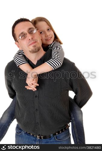 A father in carrying his young daughter on his back, isolated onwhite background.